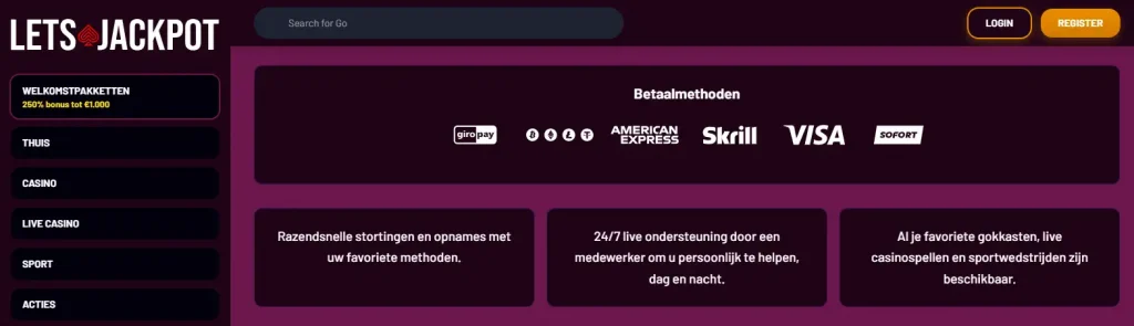 Actuele betaalmethoden in de Lets Jackpot cashier