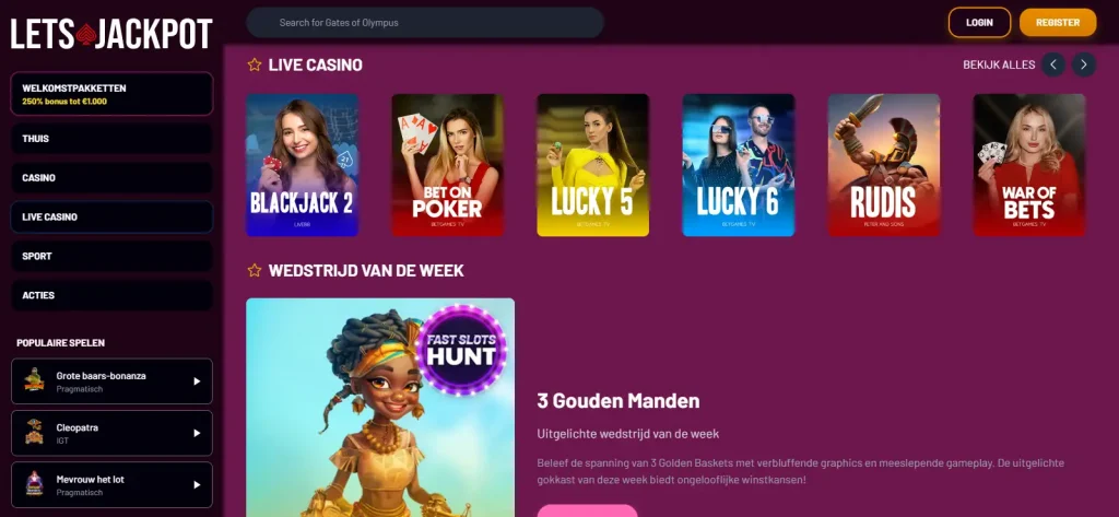 Actuele Lets Jackpot live-casino lobby met categorieën en providerbranding