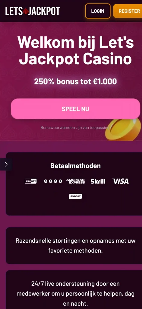 Actuele Lets Jackpot-site in een smalle mobiele viewport