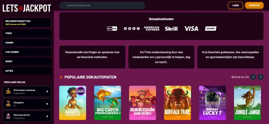 Actuele Lets Jackpot spellobby met categorieën en providerweergave