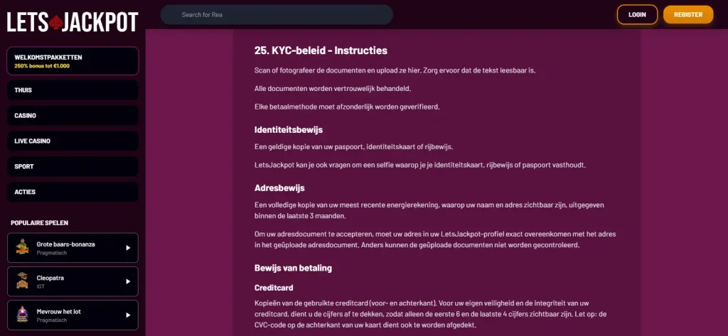 Officiële Lets Jackpot KYC-instructies met documentcategorieën