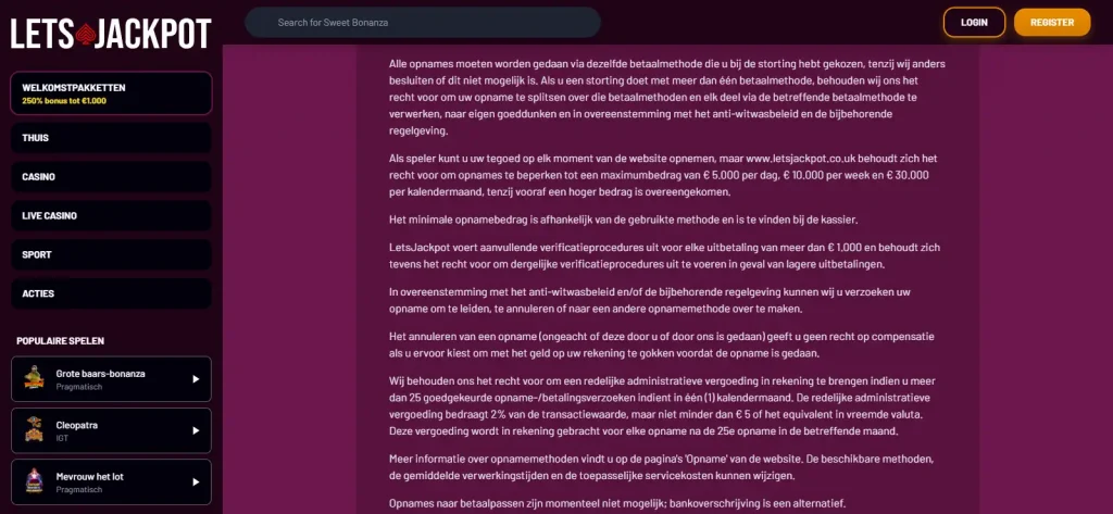 Officiële Lets Jackpot Terms met uitbetalingslimieten en fee-regel
